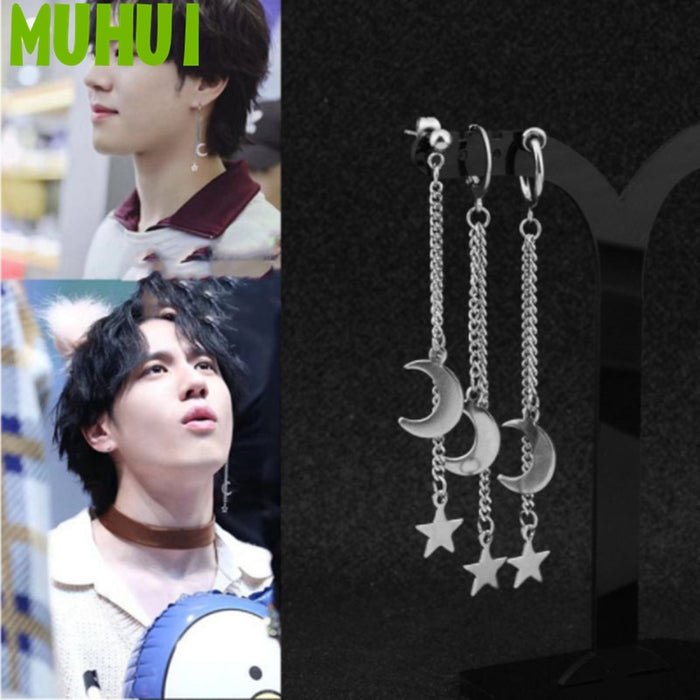 1pc Kpop GOT7 Kim YuGyeom Same Style Earring Stainless Steel Star Moon Pendant Tassel Earrings Men Jewelry Never Fade