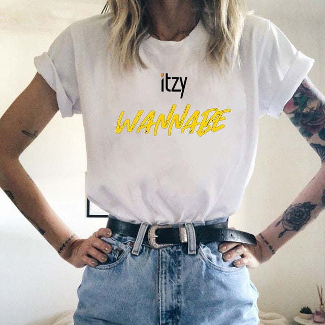 2020 Kpop ITZY WANNABE Print T Shirt Korean Clothes Graphic Tees Women 90s Summer Short Sleeve Tee Tops Female Ulzzang White Top