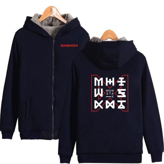 KPOP Monsta X Winter Women Jackets and Coats Korean Fashion K-POP Monsta X Warm Thick Zipper Hooded Sweatshirt K-POP Clothes