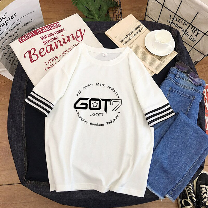 Kpop GOT7 splice stripe Women T shirt New wild student tops korean Summer Short Sleeve Tshirt female loose casual Tee shirt