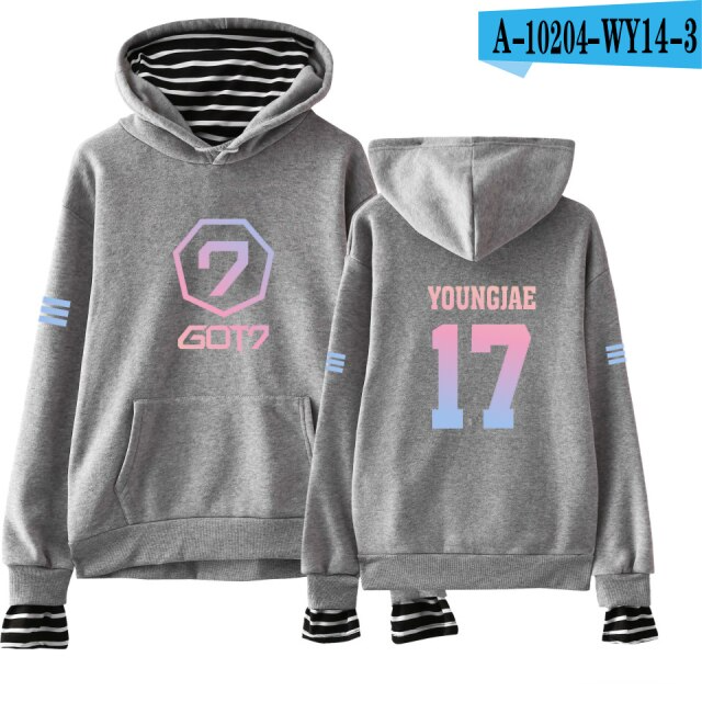 Kpop GOT7 Custom Fake Two Piece Hoodies Men Women Long Sleeve Hooded Sweatshirt Streetwear Clothes