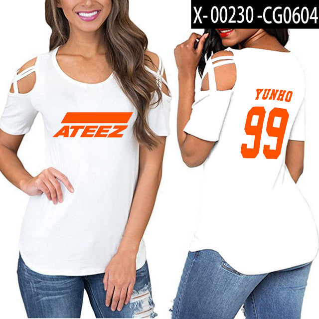 ATEEZ t shirts women Hip-hop shoulder-off sexy ATEEZ women Street Korean wear - Kpopshop