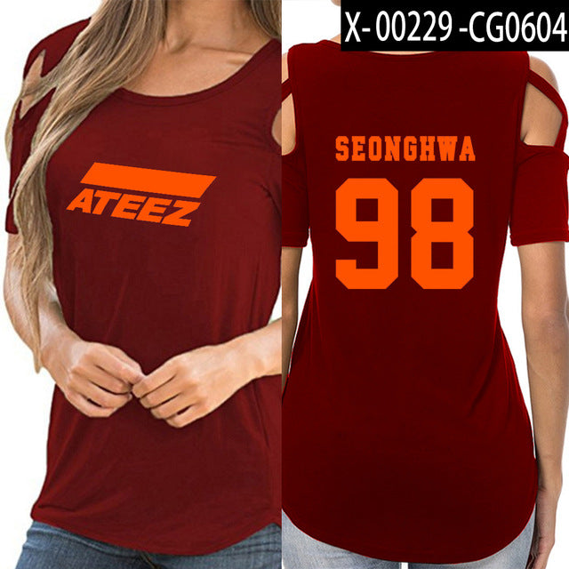 ATEEZ t shirts women Hip-hop shoulder-off sexy ATEEZ women Street Korean wear - Kpopshop