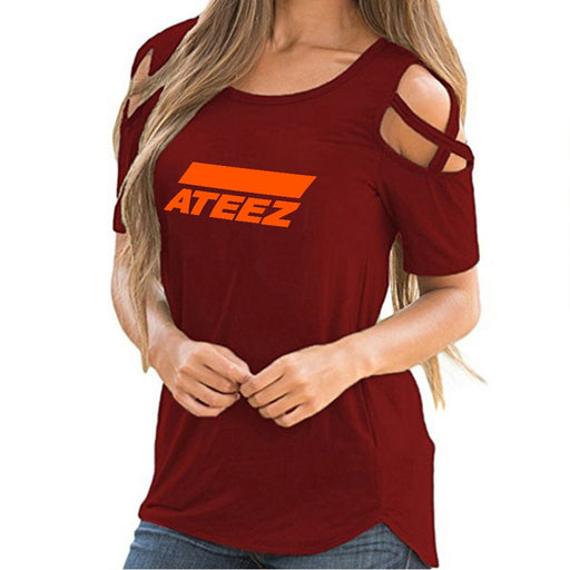 ATEEZ t shirts women Hip-hop shoulder-off sexy ATEEZ women Street Korean wear - Kpopshop