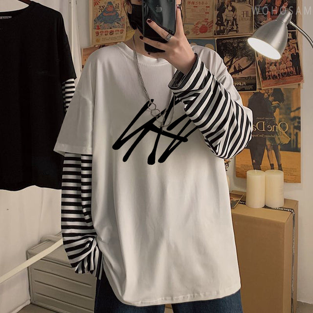 2022 Hot StrayKids Letter Fake Two Pieces Long Sleeve Summer Y2k Tees
