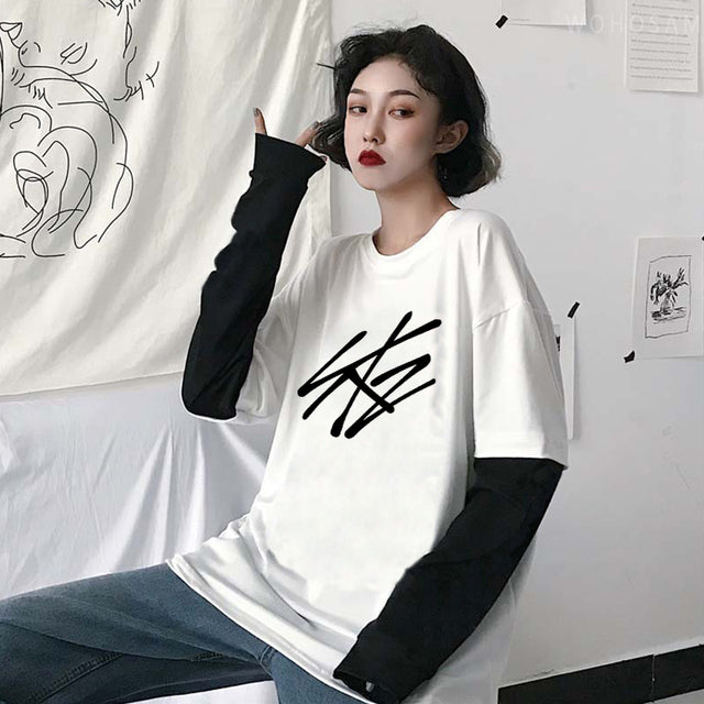 2022 Hot StrayKids Letter Fake Two Pieces Long Sleeve Summer Y2k Tees