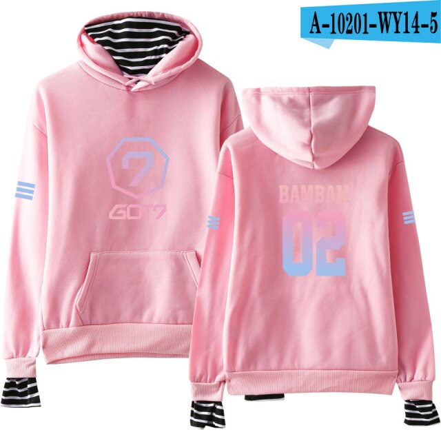 Kpop GOT7 Custom Fake Two Piece Hoodies Men Women Long Sleeve Hooded Sweatshirt Streetwear Clothes