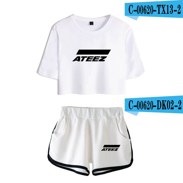 ATEEZ 2019 new 2  Piece Sets fashion women sexy navel T-shirt + shorts Kpop Short Sleeve T-shirt short pant casual Harajuku sets