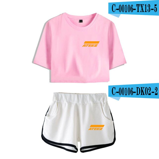 ATEEZ 2019 new 2  Piece Sets fashion women sexy navel T-shirt + shorts Kpop Short Sleeve T-shirt short pant casual Harajuku sets