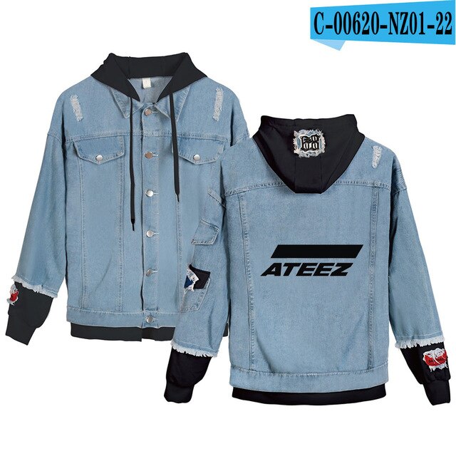 ATEEZ Hooded Denim Jacket For Women Jeans Jacket Holes Vintage  Coat Female loose Basic Coats - Kpopshop