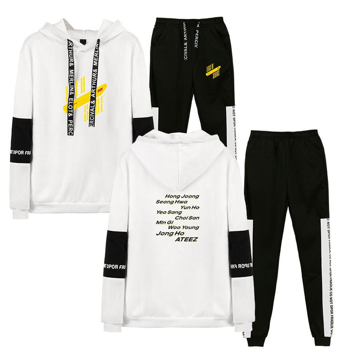 ATEEZ Kpop Fleece Hooded Pullover Set Women Men Long Sleeve Hip Pop Sweatshirt+Sweatpants Suit Tracksuit Sport Suit