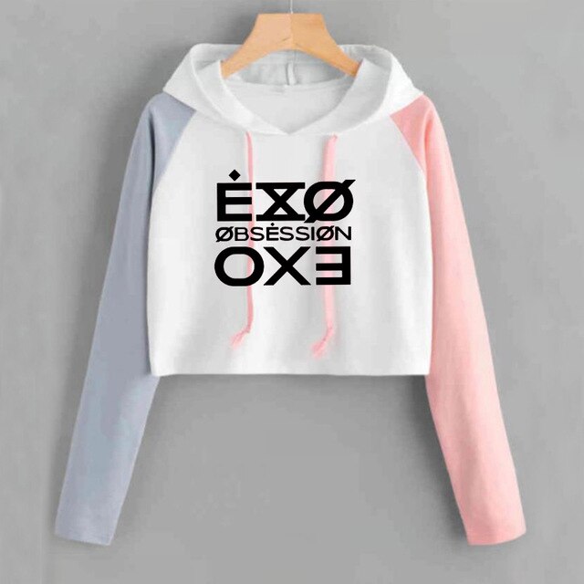 Fashion Crop Top Hoodie Letter Printed Sweatshirt Women Kpop Exo Obsession Women's Hoodies Casual Pink Tops Lady Girl Clothes