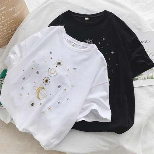 Kpopshop Originals - star embroidery korean Women Funny T-Shirts white Black Tops Female - Kpopshop