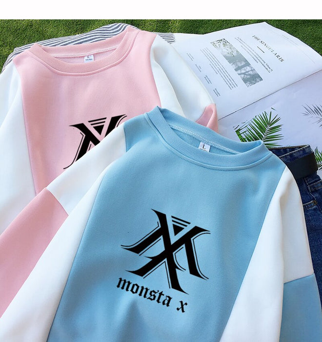 MONSTA X Hoodies Autumn New Women Koren Kpop Long Sleeve  Casual Kawaii Colorblock Splicing Thick Sweatshirt