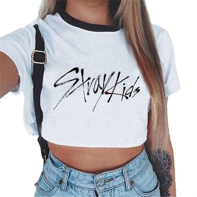 Idol Group Stray Kids Print Tshirt Women Crop Tops Short Sleeve T-shirt K