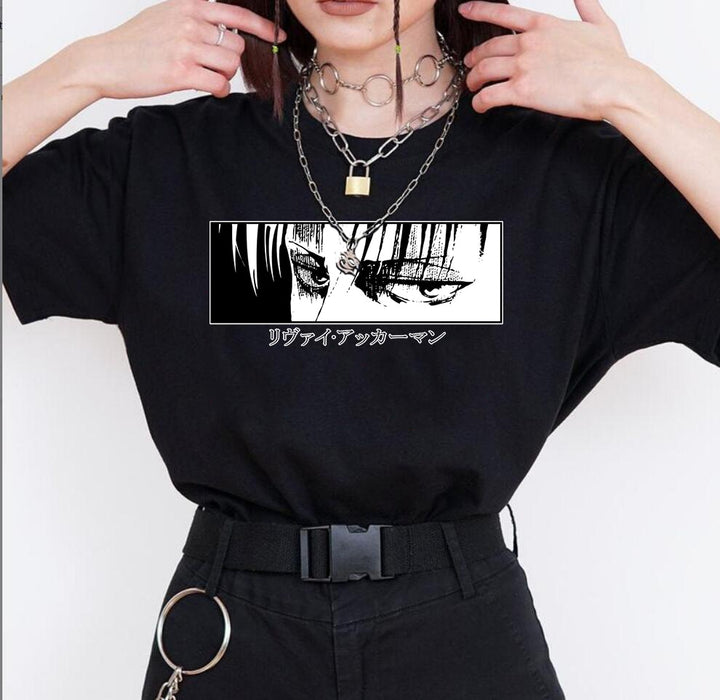 Japanese anime Attack on Titan T-shirt Levi·Ackerman eye print dark punk top Loose Gothic women's T-shirt
