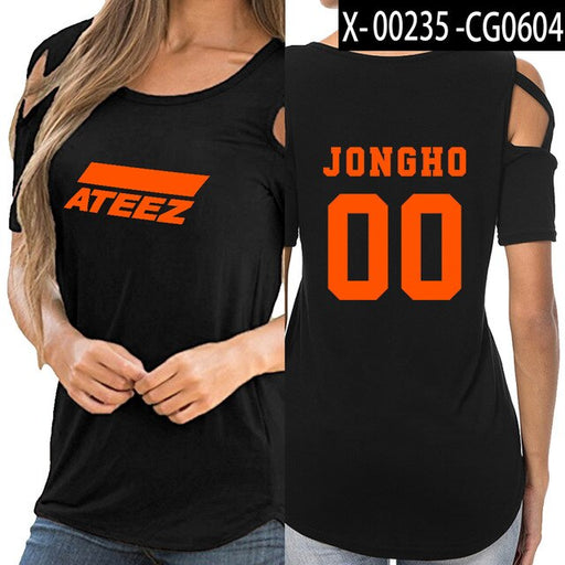 KPOP ATEEZ off shoulder women girl t-shirt women sexy Korean tops - Kpopshop