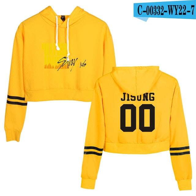 KPOP Stray Kids Crop Top Hoodie StrayKids Yellow Cropped Sweatshirt Streetwear Hip Hop Long Sleeves Pullover Tops