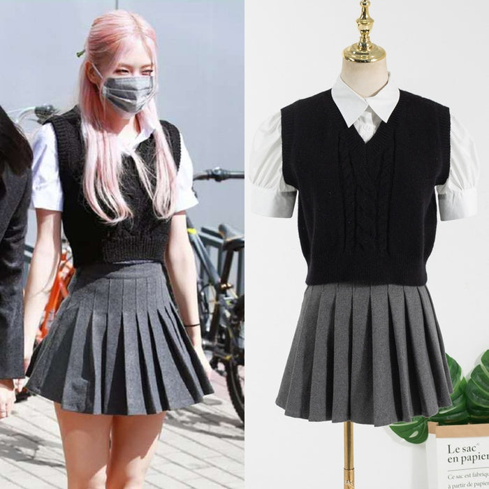 Kpop Korean Celebrity ROSE College Style Wild White Shirt Black Knit Vest Tops+Slim High Waist Mini Pleated Skirt Women Outfits