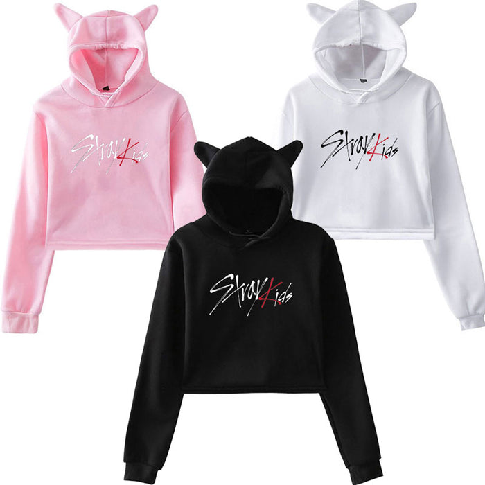 Kpop Stray Kids Cropped Hoodies Newest Fashion Cat Ear Hoodies Winter Long Sleeve Casual Pullover Straykids Hipster Coat Girls