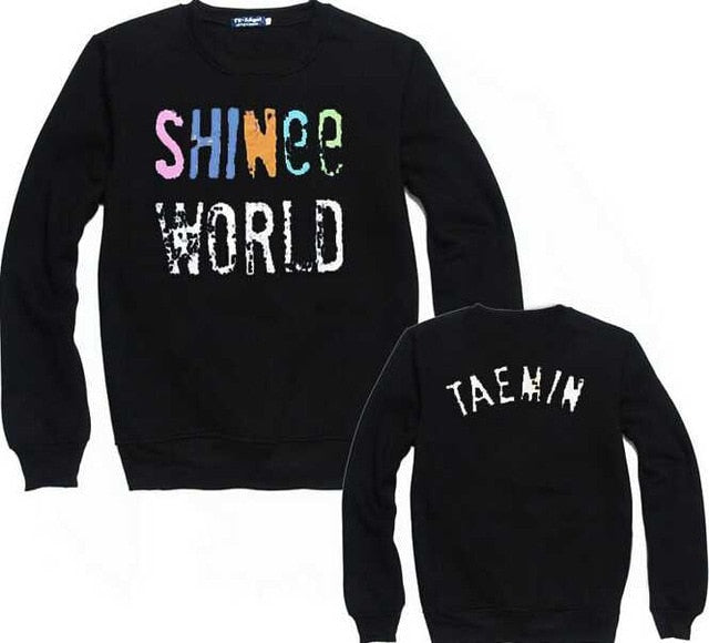 Kpop shinee concert shinee world colorful letter print black hoodies member name print o neck pullover sweatshirt
