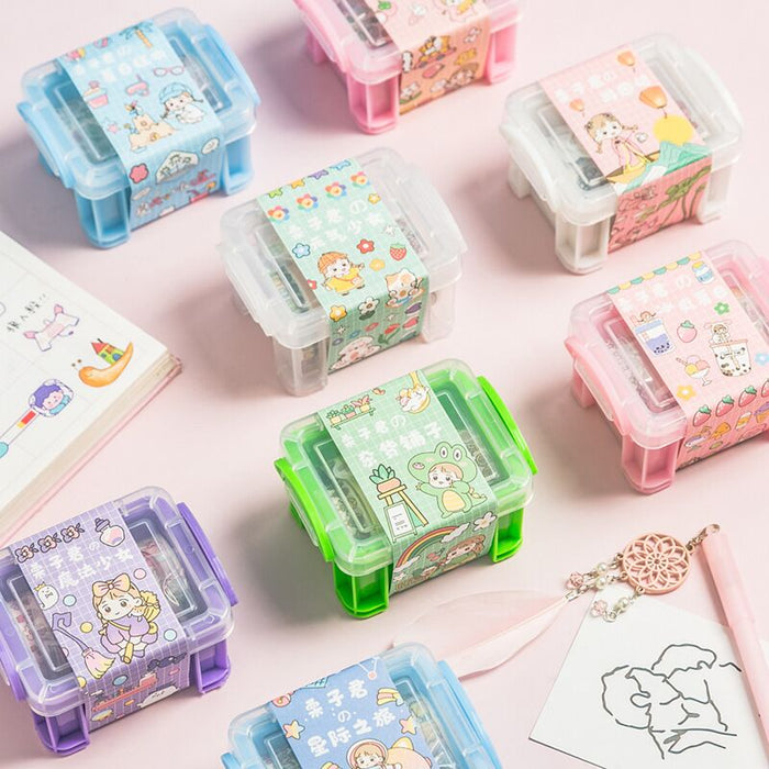 Kawaii Cute Masking Tape Set With Storage Box And Sticker, Diary Decorative Adhesive Tape School Stationery