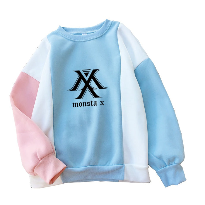 MONSTA X Hoodies Autumn New Women Koren Kpop Long Sleeve  Casual Kawaii Colorblock Splicing Thick Sweatshirt
