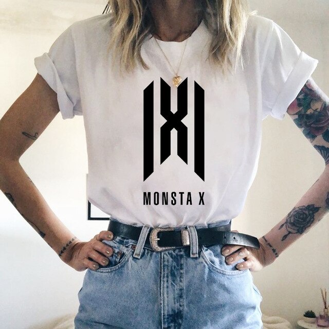 MONSTA X Print Girls Women Tshirt Idol Harajuku Fashion Streetwear Hip Hop White T-shirt Summer Short Sleeve O Neck Tees Female