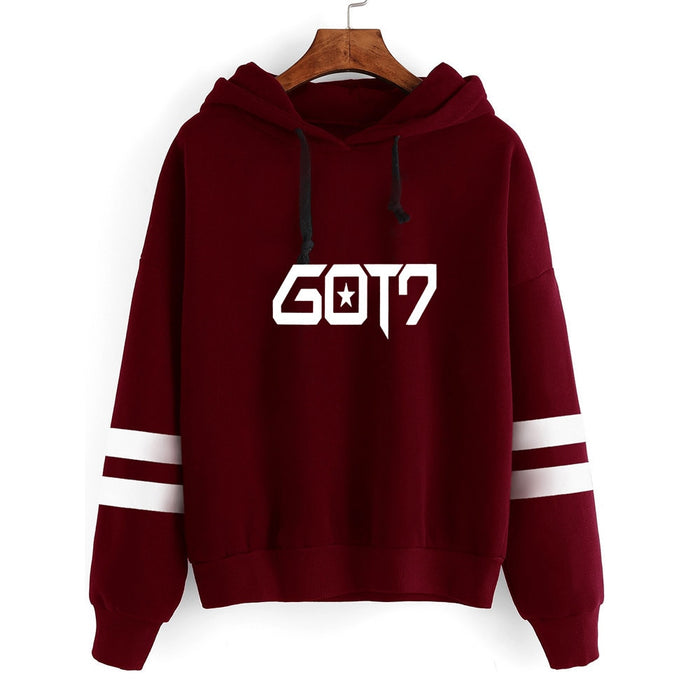 New Korean Fashion Kpop Bambam Got7 Hoodie NEVER EVER Clothes Women Long Sleeve Striped Hooded Sweatshirts Pullover Top