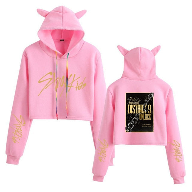 Stray Kids  Women Casual Stray Kids Letter Printed Hoodie Crop Top Winter Cat Ear Hooded Pullover