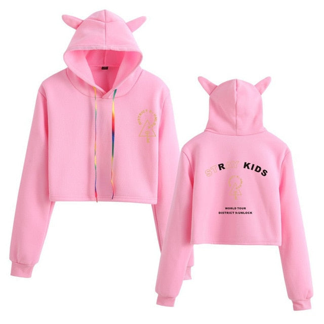 Stray Kids  Women Casual Stray Kids Letter Printed Hoodie Crop Top Winter Cat Ear Hooded Pullover