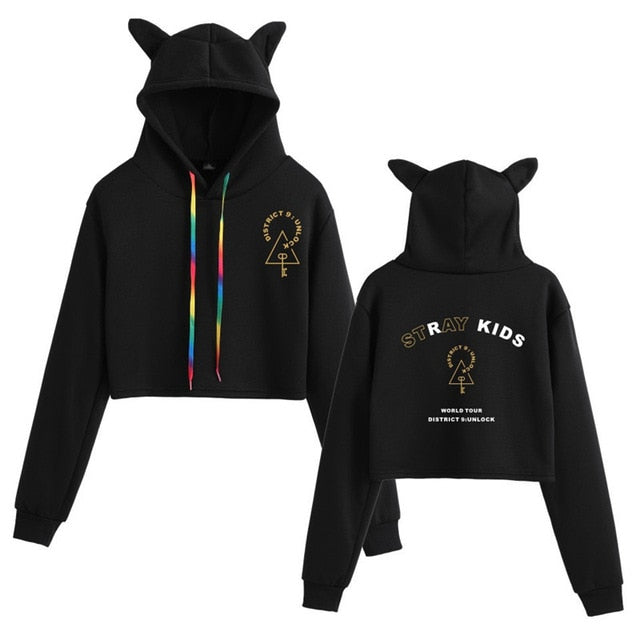 Stray Kids  Women Casual Stray Kids Letter Printed Hoodie Crop Top Winter Cat Ear Hooded Pullover