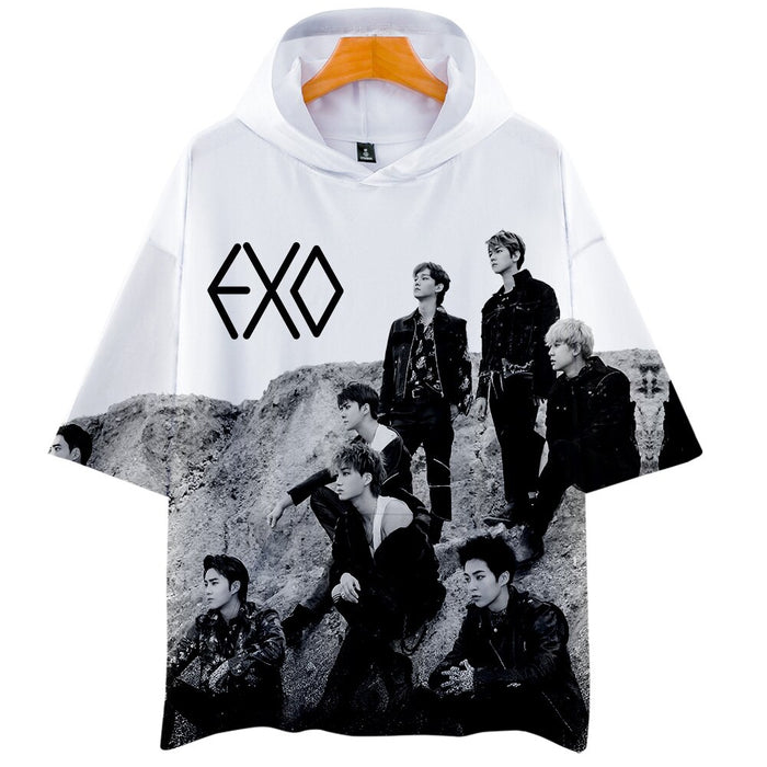 EXO Love Shot 3D Short Sleeve Hooded T-shirts Women Men Fashion Loose Tshirts Hip Hop Tops