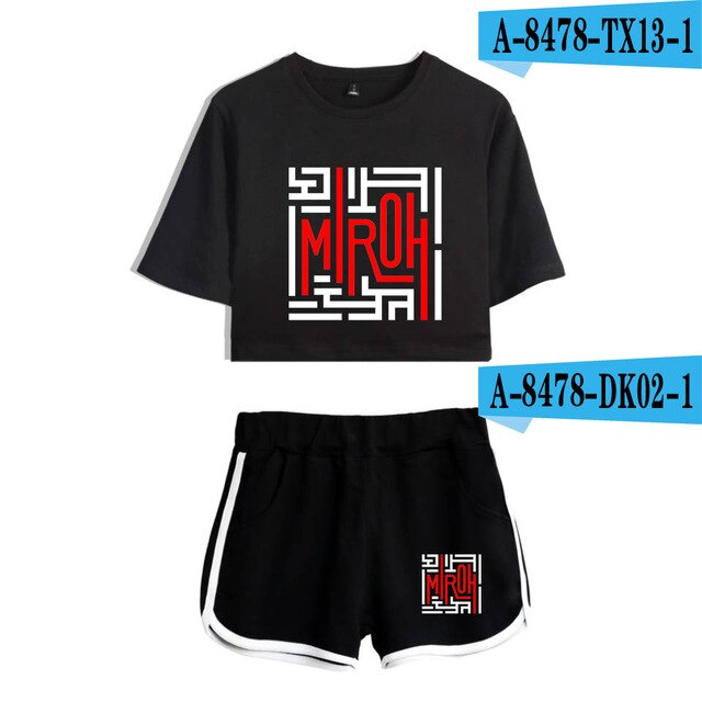Women navel T-shirt Printed KPOP Stray Kids Two Piece Set + Short Pants Summer Dew navel t shirt Girl Leisure Sets