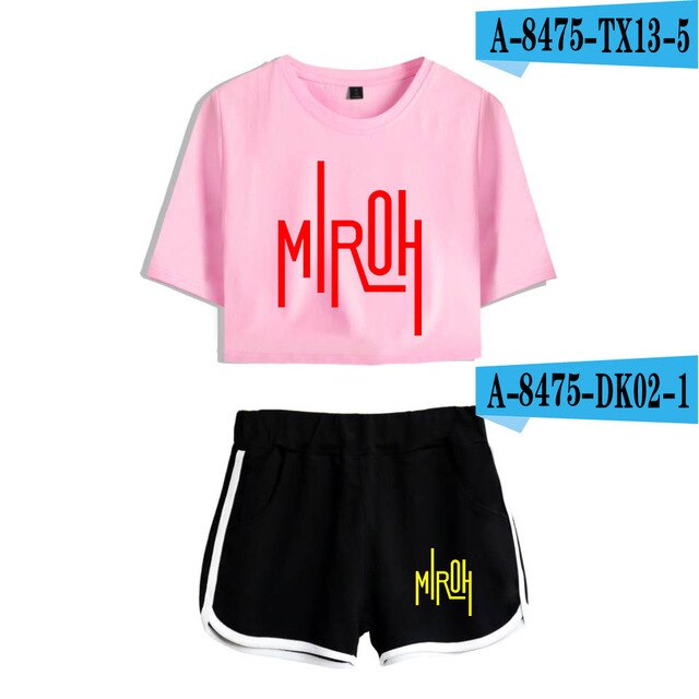 Women navel T-shirt Printed KPOP Stray Kids Two Piece Set + Short Pants Summer Dew navel t shirt Girl Leisure Sets