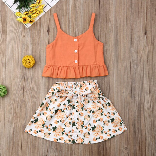 Two Piece Set Toddler Kids Baby Girls  Sleeveless Ruffles Crop Tops+Bowknot Floral Skirt Set Girl Outfit 2020 - Kpopshop