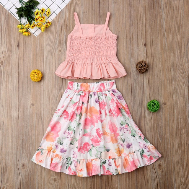 Two Piece Set Toddler Kids Baby Girls  Sleeveless Ruffles Crop Tops+Bowknot Floral Skirt Set Girl Outfit 2020 - Kpopshop