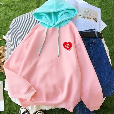 Women Hoodies New Contrast Pastel Color Pink Kpop Twice Group Befree Hip Hop Girl's Sweatshirts Fleece Winter Thick Outwear Top