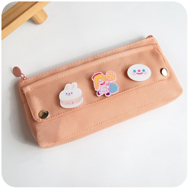 kawaii Large Pencil Case Stationery Storage Bags Canvas Pencil Bag Cute Makeup Bag School Supplies for Girl Kids Gift w/ Badge