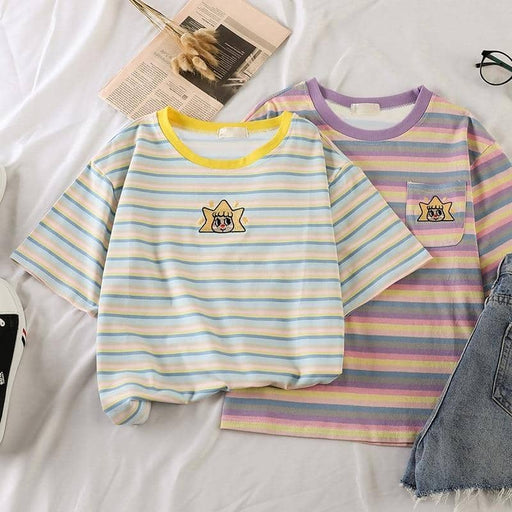 Kpopshop Originals - korean Stripped New for Women tees Tops embroidery 90's girls  Streetwear - Kpopshop