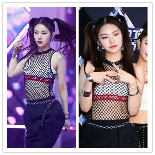 kpop ITZY korean ladies sexy strapless sleeveless mesh tshirt slim short tees women summer Streetwear perspective t shirts tops