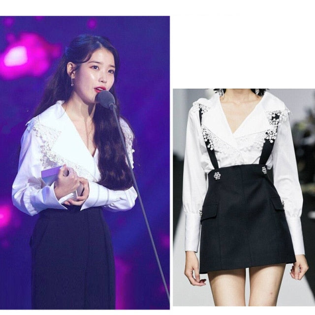 kpop IU Lee Ji Eun Korean new white lace elegant long sleeved shirts tops+black sexy slim sling mini skirt women 2 piece outfits