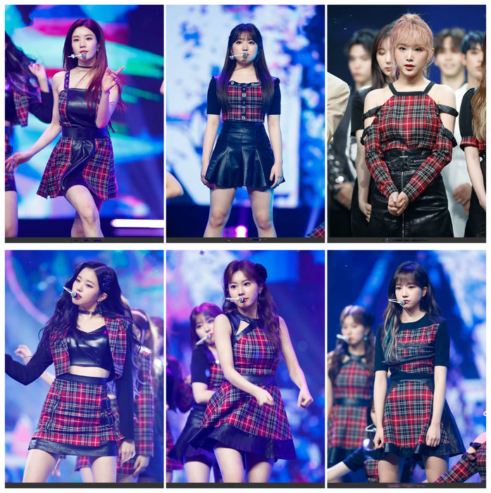kpop IZONE Jazz stage show temperament casual plaid long sleeved t shirt tops+sexy loose skirts High waist dress women outfits