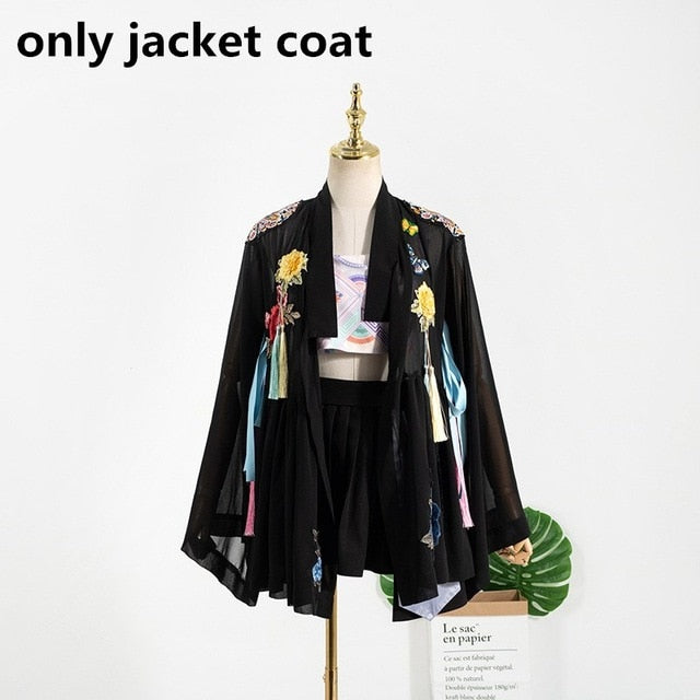 kpop Korean Celebrity ROSE Sexy Short Sling Vest Embroidery Cardigan Jacket Coat+Black Slim High Waist Mini Skirt Women Outfits