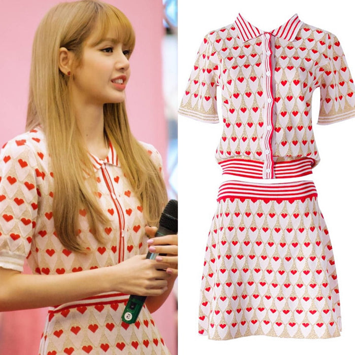 kpop Korean Celebrity same Love heart print Knitwear T-Shirt Skirt Set New women sweet tops two piece dress set female clothes